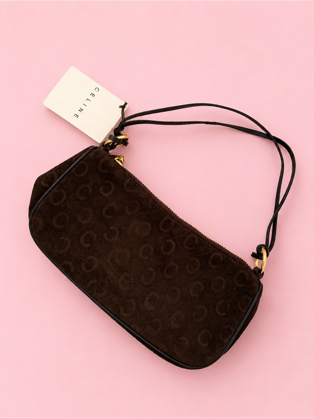 Celine Dark Brown Suede Shoulder Bag with Gold Hardware